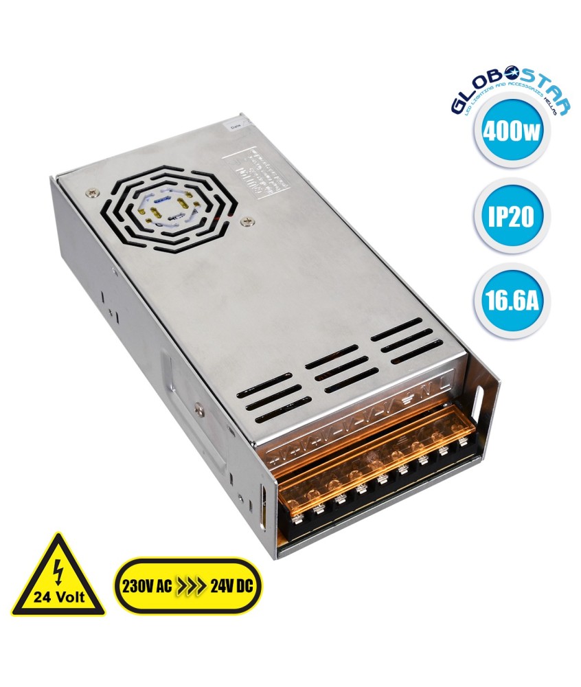 GLOBOSTAR® LUMIVOLT 73046 Τροφοδοτικό-Μετασχηματιστής PELV 400W 16.6A DC 24V IP20 - AC 220-240V σε DC 24V - Ρυθμιζόμενo από DC 22.5V έως DC 25.5V - Μ20 x Π10 x Υ5cm - 3 Χρόνια Εγγύηση